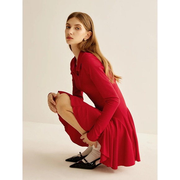 Commense Red Ribbed Knit Mini Dress Long Sleeve Polo Collar Fit and Flare Small - Picture 5 of 17